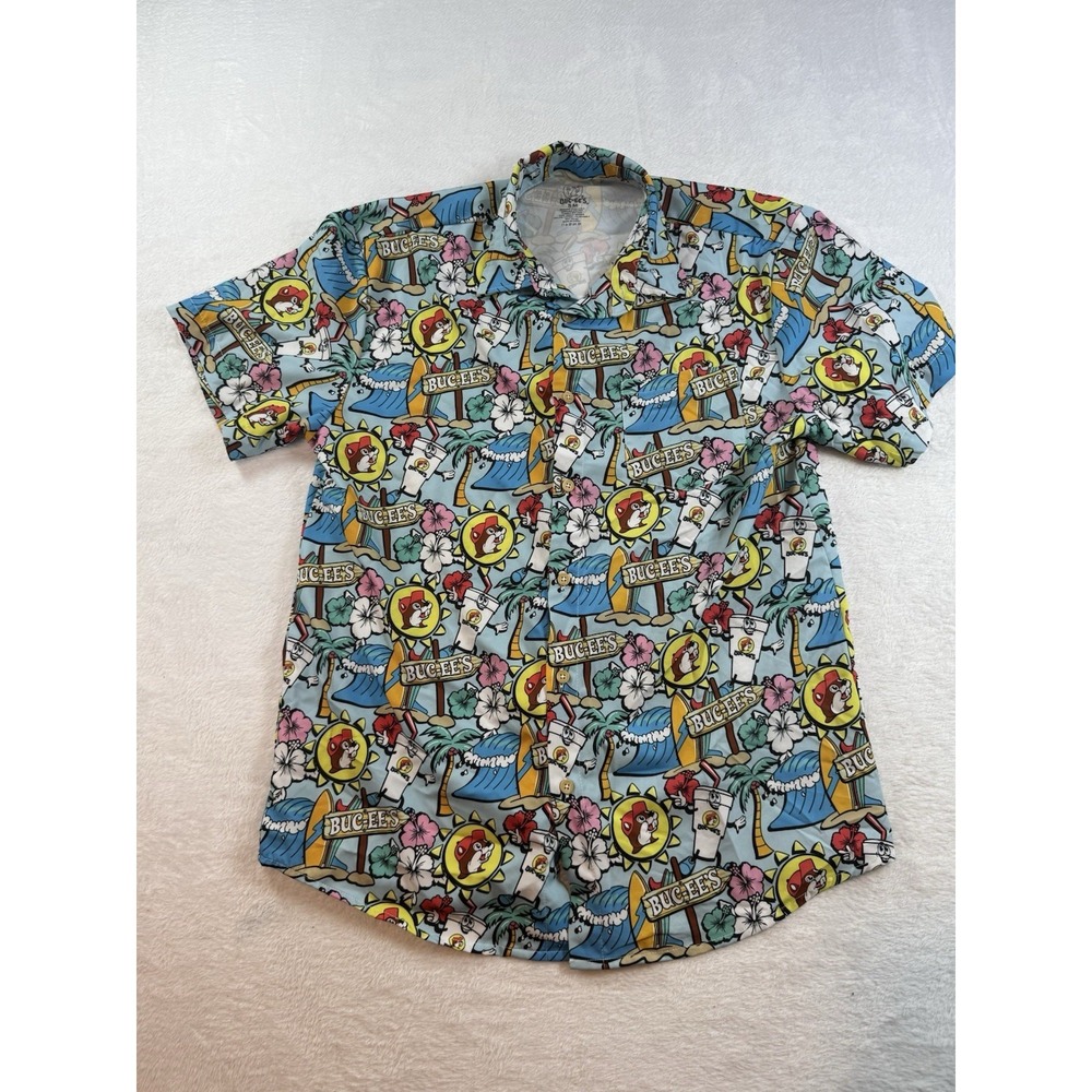 Buc-ee's Hawaiian Shirt Mens Sm Blue Palm Trees Surfboard Button Up Short Sleeve